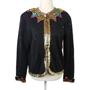 Vintage 90s Outlander Black Wool Blend Gold Beaded Colorful Gem Cardigan Sweater